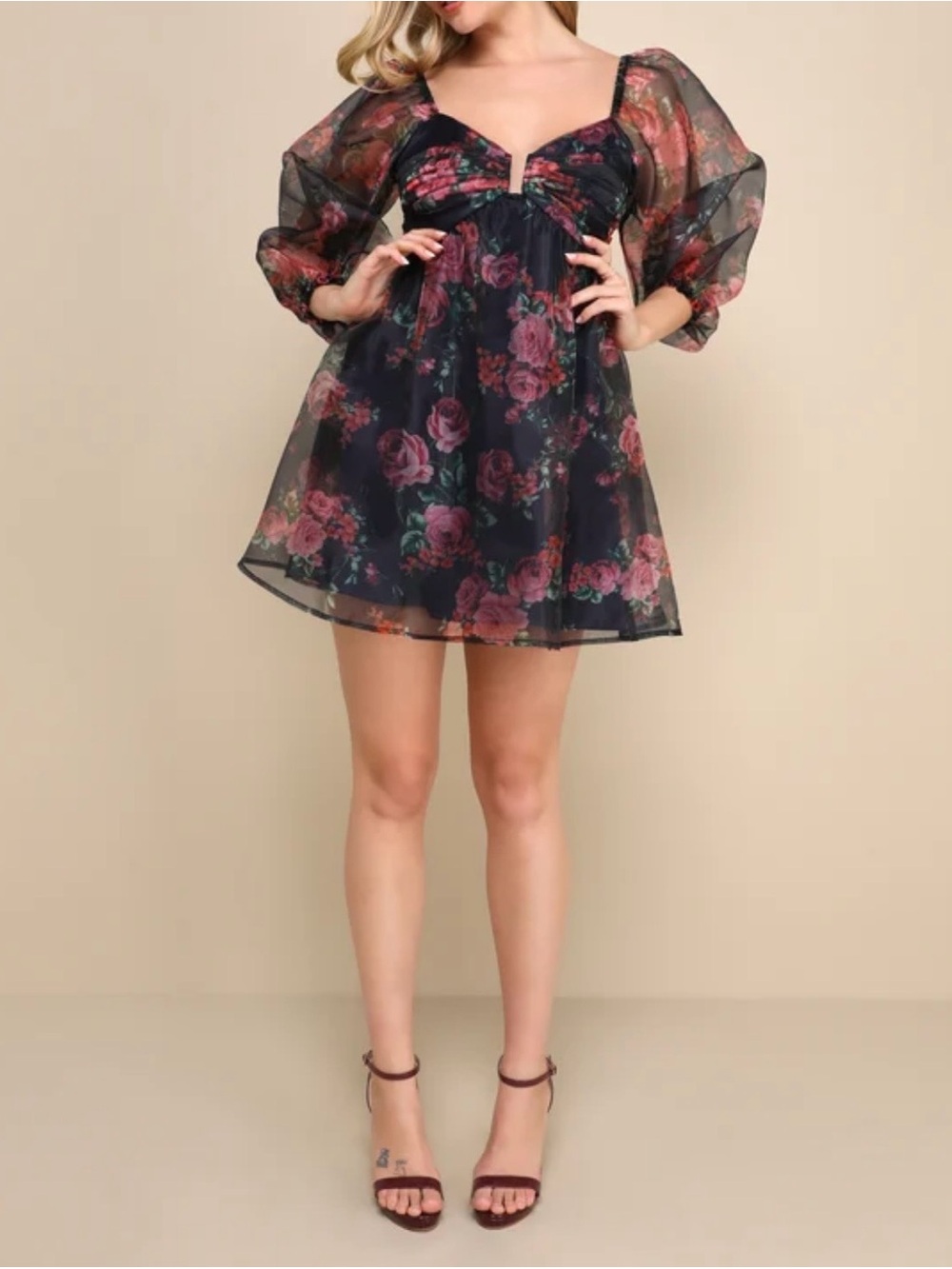Lulus Sweetly Flirty Navy Blue Floral Organza Puff Sleeve Mini Dress